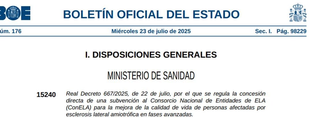 Subvención publicada en el BOE  10 millones de euros para cuidados especializados de los afectados de ELA en fases avanzadas 